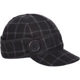Side view of The Button Up Cap: a wool, six-panel winter cap with a pulldown earband that secures to the side with a large button, and a brim.
