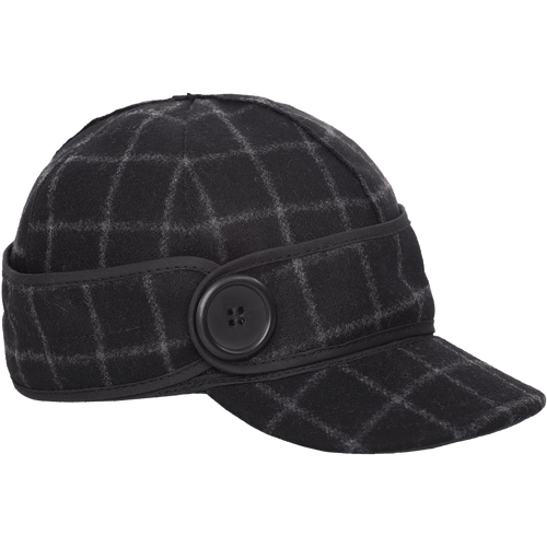 Side view of The Button Up Cap: a wool, six-panel winter cap with a pulldown earband that secures to the side with a large button, and a brim.