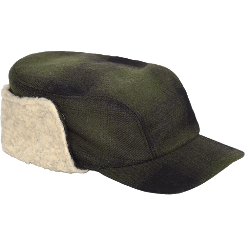 Image of Stormy Kromer Bergland Cap: a flat-top style wool winter cap with a square-cornered brim and sherpa-lined earflaps that snap up.