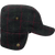 Side view of Stormy Kromer Bergland Cap: a flat-top style wool winter cap with a square-cornered brim and sherpa-lined earflaps that snap up and also fold down as shown in this photo.
