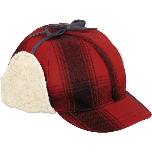 Photo of Stormy Kromer Snowdrift Cap: a six-panel wool cap with a short brim and earflaps that fold up and tie on top.