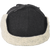Back view of Stormy Kromer Snowdrift Cap: a six-panel wool cap with a short brim and earflaps that fold up and tie on top.