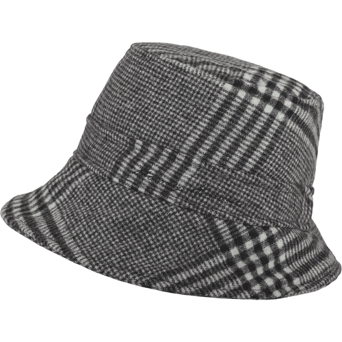 Side view of the Iron Belle Hat: A bucket-style wool hat in tweed-like plaid.