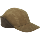 45 degree angle view of the Marsh Cap: A waxed cotton, brimmed hat with earflaps in a contrasting color that fold up.