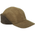 45 degree angle view of the Marsh Cap: A waxed cotton, brimmed hat with earflaps in a contrasting color that fold up.