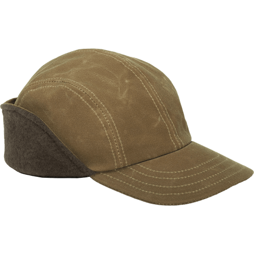 45 degree angle view of the Marsh Cap: A waxed cotton, brimmed hat with earflaps in a contrasting color that fold up.