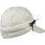 Side view of The Sidekick Cap: a wool, six-panel winter cap with a pulldown earband that ties off to the side, and a brim. This photo shows the earband pulled down.