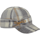 A 45 degree angle view of The Sidekick Cap: a wool, six-panel winter cap with a pulldown earband that ties off to the side, and a brim.