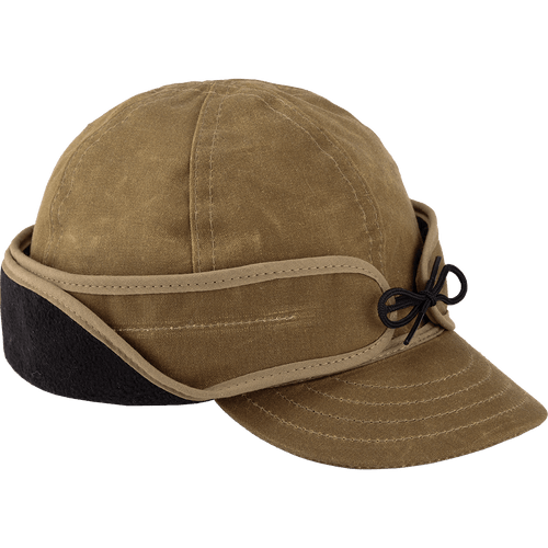 Image of Stormy Kromer Waxed Rancher Cap: an insulated six-panel waxed cotton winter cap with a pulldown fleece earband, showing earband in the folded up position.