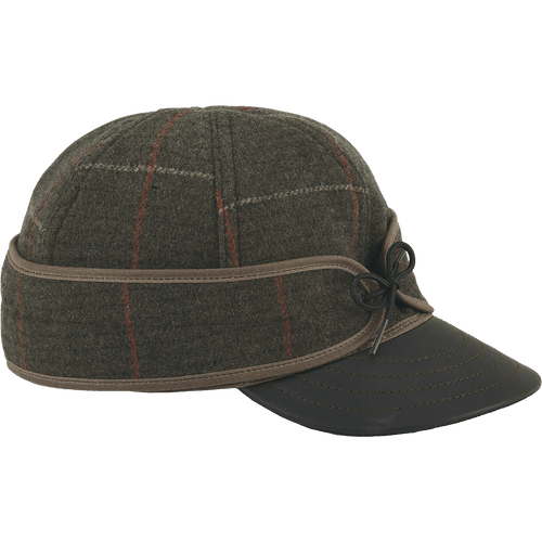 Side view of The Original Cap with Leather: a wool, six-panel winter cap with a pulldown earband, leather brim and tie in the front.