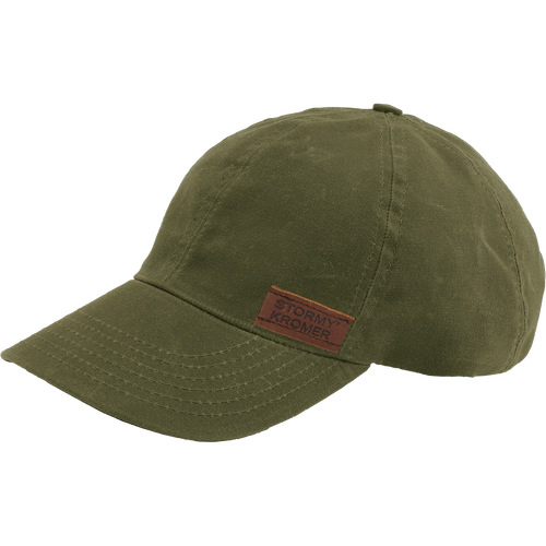 45 degree angle view of the Waxed Cotton Curveball Cap: A traditional baseball cap made in solid waxed cotton fabric with a leather Stormy Kromer logo patch on the front.