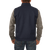 On model back view of the Ironwood Vest: A zip front wool vest with a stand collar and side pockets.