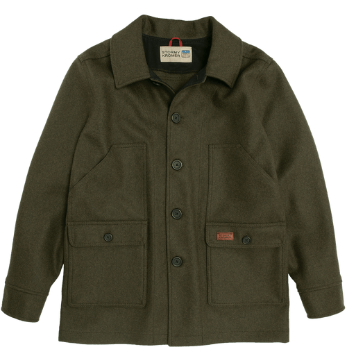 Front view of the Mackinaw Coat: A collared, button-front wool coat with six large pockets on the front.
