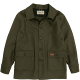 Front view of the Mackinaw Coat: A collared, button-front wool coat with six large pockets on the front.