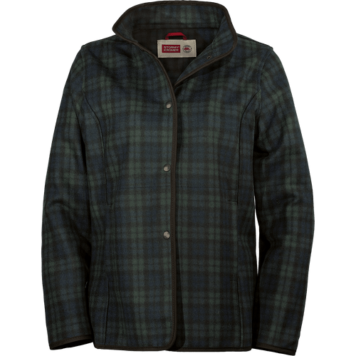 Front view of the Ember Jacket: A snap-front ladies wool plaid jacket with a stand up collar.