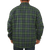 On model back view of the Camp Shirt Jack: A lined, plaid flannel overshirt with snap front, two chest pockets with snap closure and two side pockets.