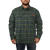 On model front view of the Camp Shirt Jack: A lined, plaid flannel overshirt with snap front, two chest pockets with snap closure and two side pockets.