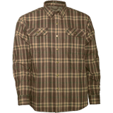 Front view of the Camp Shirt Jack: A lined, plaid flannel overshirt with snap front, two chest pockets with snap closure and two side pockets.