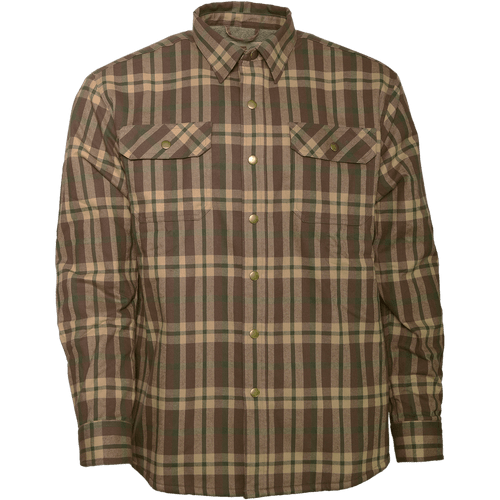 Front view of the Camp Shirt Jack: A lined, plaid flannel overshirt with snap front, two chest pockets with snap closure and two side pockets.