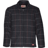 Front view of the Boundary Jacket: A zip-front, wool-plaid men's jacket with a stand collar and side pockets.
