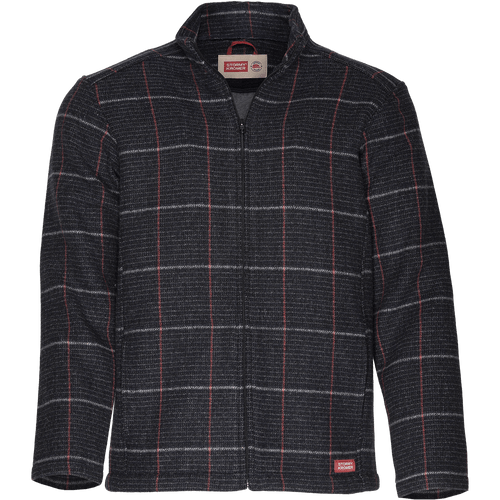 Front view of the Boundary Jacket: A zip-front, wool-plaid men's jacket with a stand collar and side pockets.