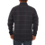 On model back view of the Boundary Jacket: A zip-front, wool-plaid men's jacket with a stand collar and side pockets.