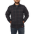 On model front view of the Boundary Jacket: A zip-front, wool-plaid men's jacket with a stand collar and side pockets. This view shows the model's hands in the pockets.