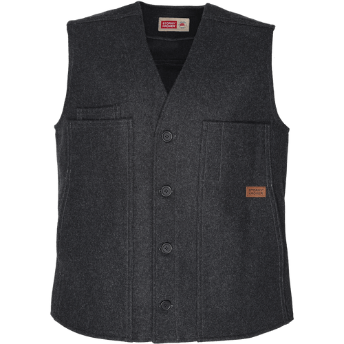Front view of the Button Vest: A traditional button-front wool vest with large patch pockets on the front.