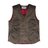 Front view of the Waxed Cotton Vest with Lining: A traditional button front vest with large front patch pockets. Vest is made of waxed cotton and lined in plaid.