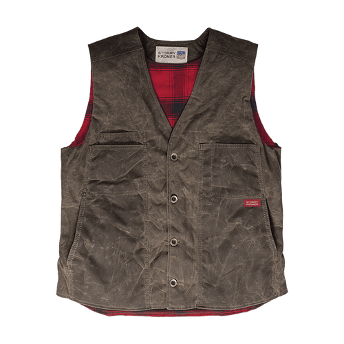 Front view of the Waxed Cotton Vest with Lining: A traditional button front vest with large front patch pockets. Vest is made of waxed cotton and lined in plaid.