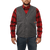 On model front view of the Waxed Cotton Vest with Lining: A traditional button front vest with large front patch pockets. Vest is made of waxed cotton and lined in plaid.