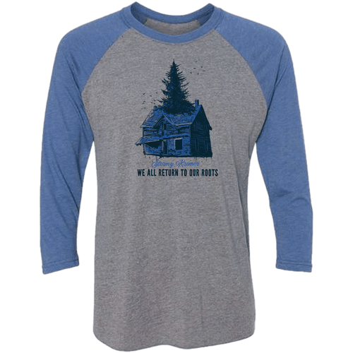 Front view of the Unisex Baseball Tee - a raglan, 3/4 length sleeve baseball style tee shirt with a gray body, blue sleeves and a screen print with an old cabin and trees and the words "We all return to our roots".