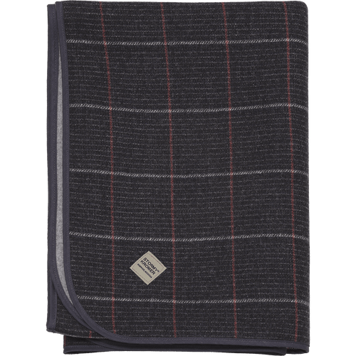 Top view of the Eco Wool Blanket, folded in a rectangle, showcasing the plaid pattern and a Stormy Kromer logo label.