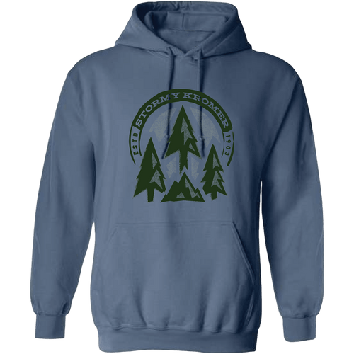 Front view of a cornflower blue pullover hoodie with a graphic in dark green ink. Graphic includes 3 pine tress and the words Stormy Kromer.