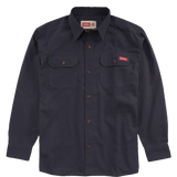 Front image of The Twill Shirt, a button-up, long-sleeve collared shirt with two chest pockets.