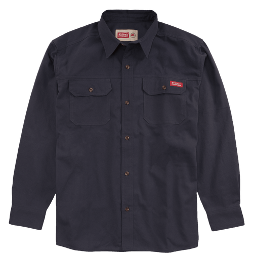 Front image of The Twill Shirt, a button-up, long-sleeve collared shirt with two chest pockets.
