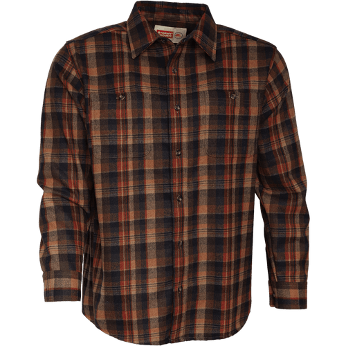 Front view of The Wool Shirt - a button up, long-sleeve shirt with two chest pockets.