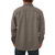 Back view of model wearing The Wool Shirt in Slate untucked with dark denim jeans.