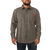 Front view of model wearing The Wool Shirt in Slate untucked with dark denim jeans.
