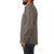 Side view of model wearing The Wool Shirt in Slate untucked with dark denim jeans.