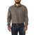 Front view of model wearing The Wool Shirt in Slate tucked in with dark denim jeans.