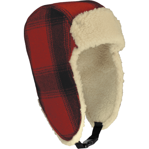 Image of the Stormy Kromer Aviator Hat - a traditional wool plaid aviator style hat with long earbands with a strap that secures under the chin. Includes a wool shearling front and lining.