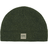 Image of a fleece knit beanie-style laid down flat. There is a Stormy Kromer logo label on the center front.