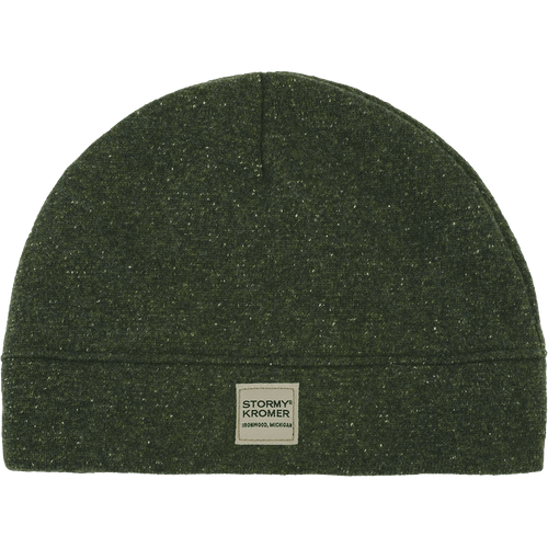 Image of a fleece knit beanie-style laid down flat. There is a Stormy Kromer logo label on the center front.