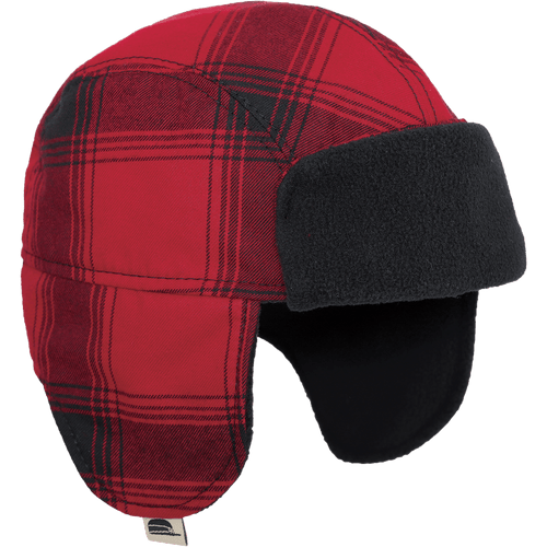 Side view of the Kit Trapper Hat - a kids winter hat made with twill on the outside and a contrasting color fleece inside and on the front. The hat extends down to cover the child's ears.