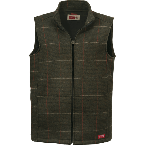 Front view of The Boundary Vest - a wool, plaid, zip-front men's vest with a stand-up collar.