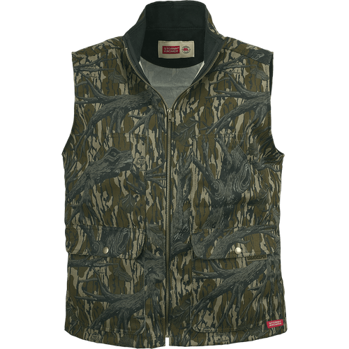 Front view of the Stormy Kromer Steelhead Vest: A zip front men's vest made with waxed cotton and including 6 pockets on the front.
