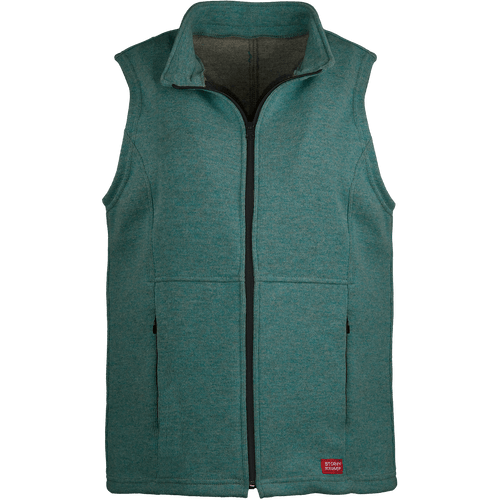 Front view of the Stormy Kromer Journey Vest: A wool-knit, zip front, sporty vest for women.