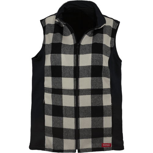 Front view of the Stormy Kromer Harvest Vest: A zip-front women's vest featuring wool plaid on the front and solid technical fabric on the back.