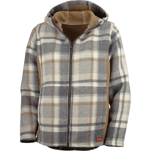 Front view of the Lighthouse Jacket: A zip-front hooded wool plaid jacket for women.